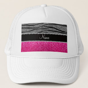 Custom name pink glitter light gray zebra stripes trucker hat