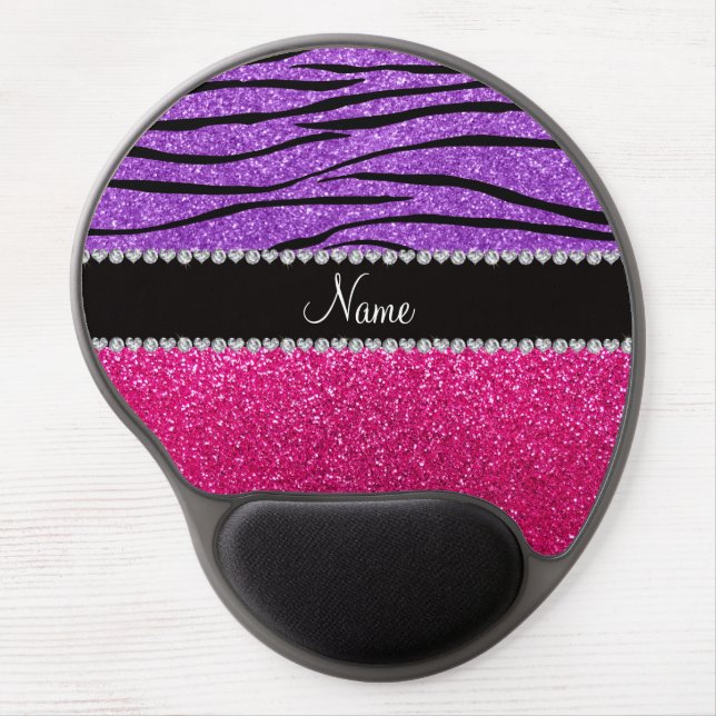 Custom name pink glitter pastel purple zebra strip gel mouse pad (Front)