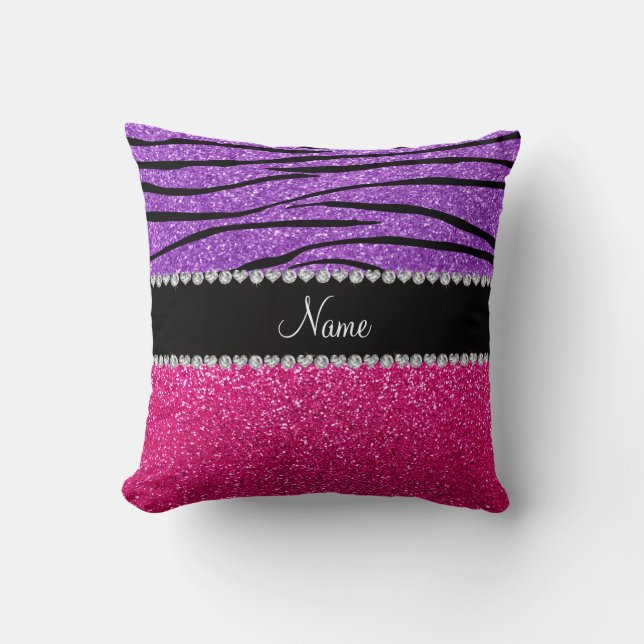 Custom name pink glitter pastel purple zebra strip throw pillow (Front)