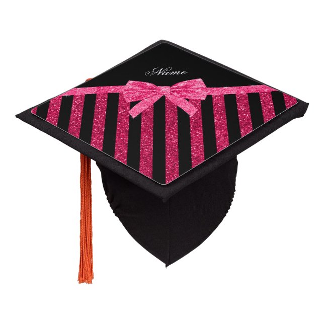 Custom name pink glitter stripes glitter bow graduation cap topper (Angled)