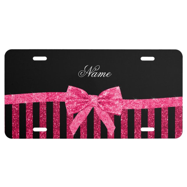 Custom name pink glitter stripes glitter bow license plate (Front)