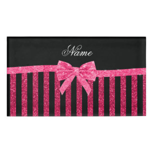 Custom name pink glitter stripes glitter bow name tag