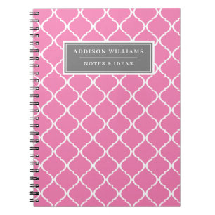 Custom Name Pink Grey Lattice Pattern Notebook