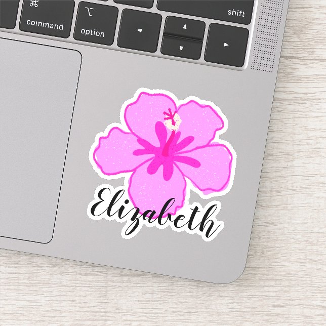Custom Name Pink Hibiscus Flower Coconut Girl Sticker (Detail)