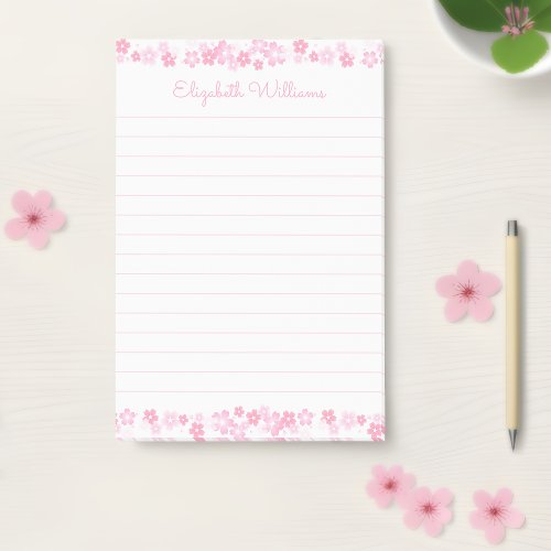Custom Name Pink Japanese Cherry Blossom 4x6 Lined Post_it Notes