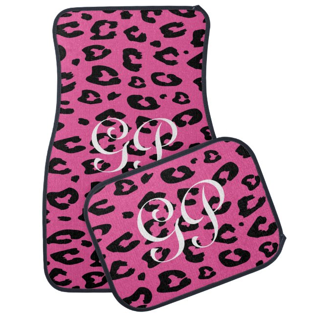 Custom name pink leopard animal print car mat set (Set)