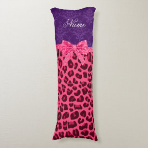 Custom name pink leopard purple damask bow body pillow