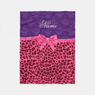 Custom name pink leopard purple damask bow fleece blanket