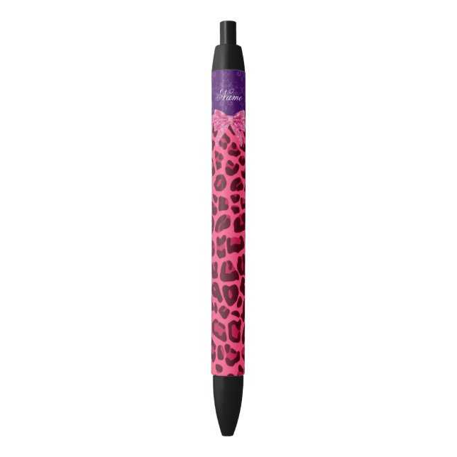 Custom name pink leopard purple damask bow pen (Front Vertical)