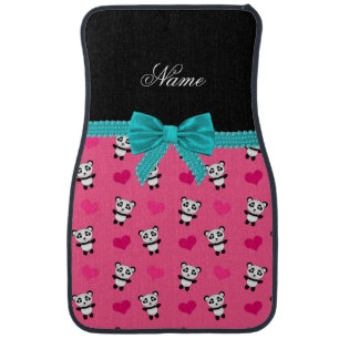 Custom name pink pandas hearts turquoise bow car floor mat