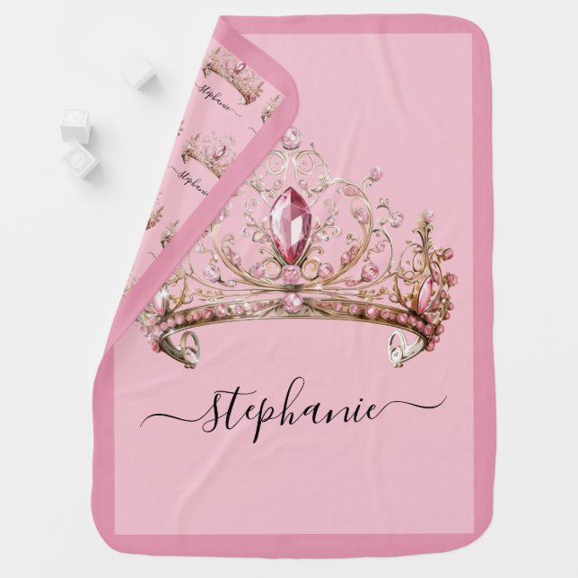 Custom Name Pink Princess Tiara Crown Girly Baby Blanket (In Situ)