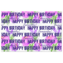 Custom Name Pink &amp; Purple Floral Happy Birthday Tissue Paper