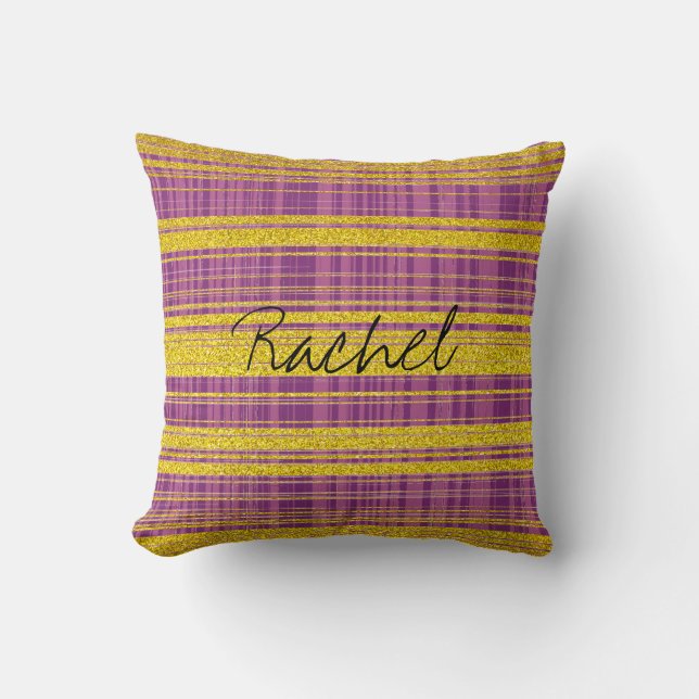 Custom Name Pink Purple Golden Stripe Abstract Throw Pillow (Front)