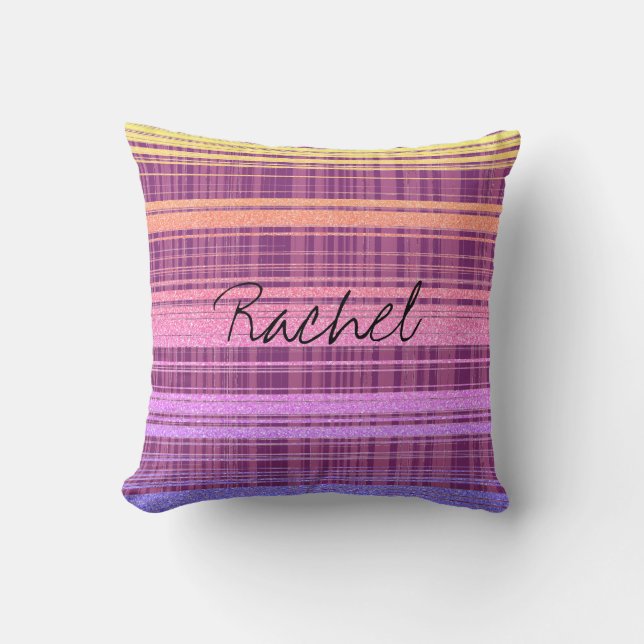Custom Name Pink Purple Rose Gold Stripe Ombre Throw Pillow (Front)