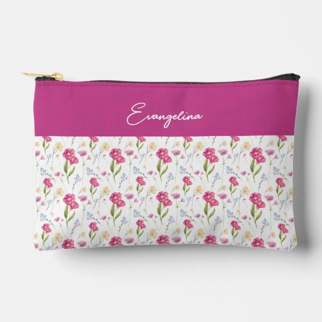 Custom Name Pink Purple Watercolor Wildflower  Accessory Pouch (Front)