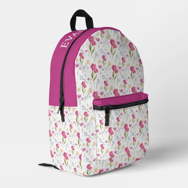 Custom Name Pink Purple Watercolor Wildflower  Printed Backpack (Back Corner Left)