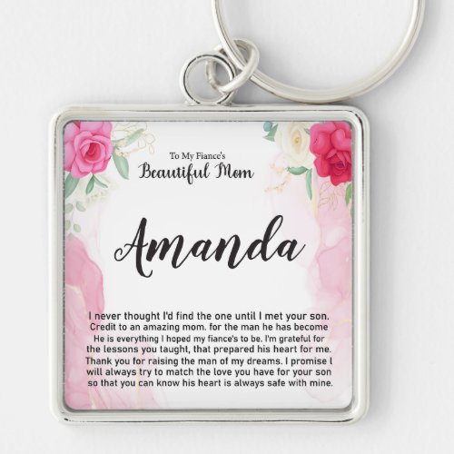 Custom Name Pink Rose Message for Fiancs Mom Keychain