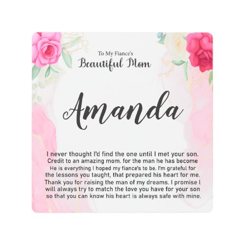 Custom Name Pink Rose Message for Fiancs Mom Metal Print