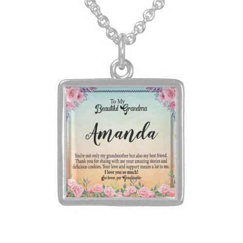 Custom Name Pink Rose Message for Grandma Sterling Silver Necklace