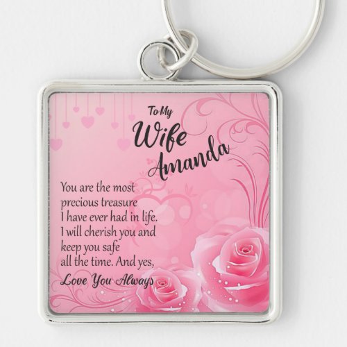 Custom Name Pink Rose Message for Wife Keychain
