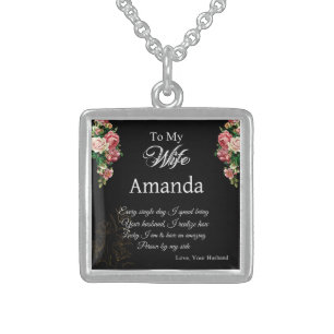 Custom Name Pink Rose Message for Wife Sterling Silver Necklace