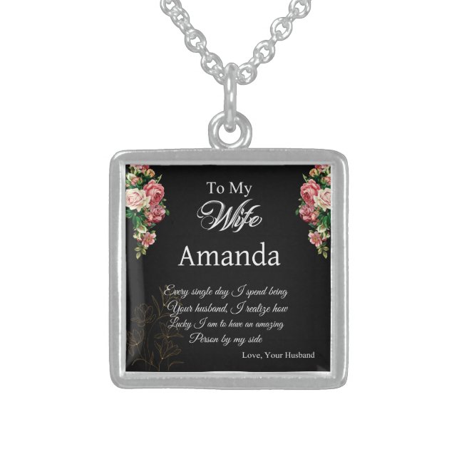 Custom Name Pink Rose Message for Wife Sterling Silver Necklace (Front)