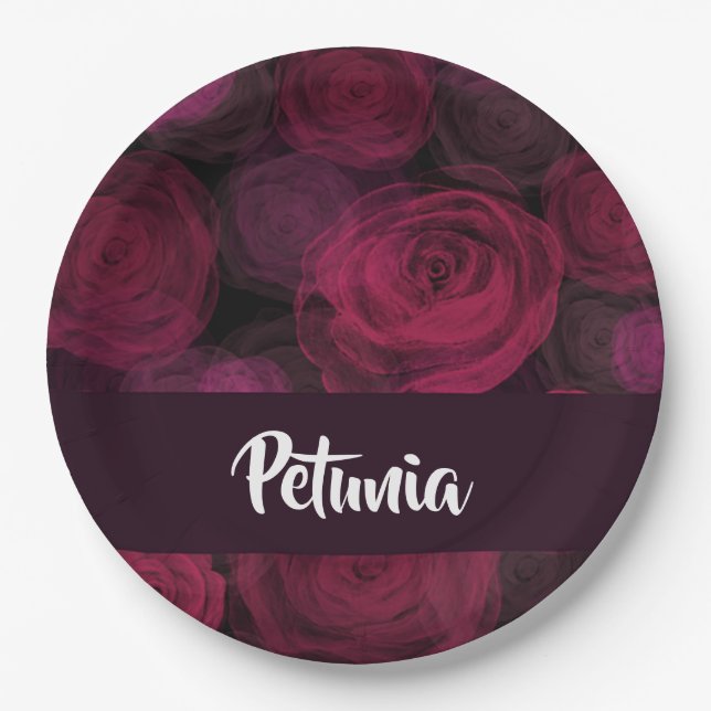 Custom name pink rose pattern paper plates (Front)