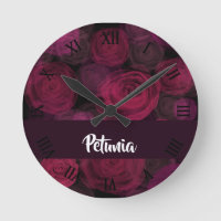 Custom name pink rose pattern round clock