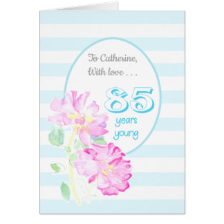 Custom Name Pink Roses and Stripes 85th Birthday Cards