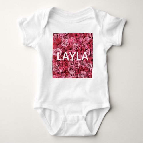 Custom Name Pink Roses with Classic White Text Baby Bodysuit