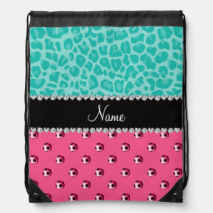 Custom name pink soccer ball seafoam green leopard drawstring bag