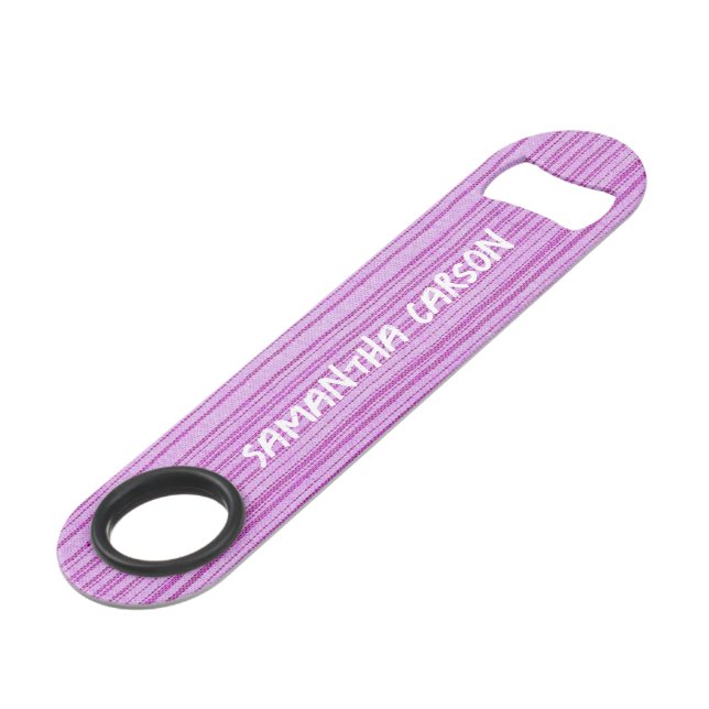 Custom name pink stripes textiled bar key (Front Angled)