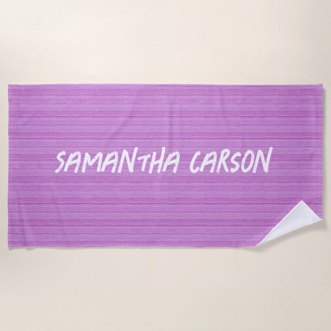 Custom name pink stripes textiled beach towel (Front)