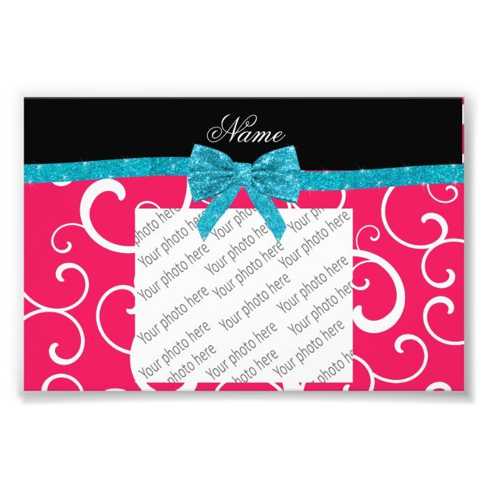 Custom name pink swirls turquoise glitter bow photo art