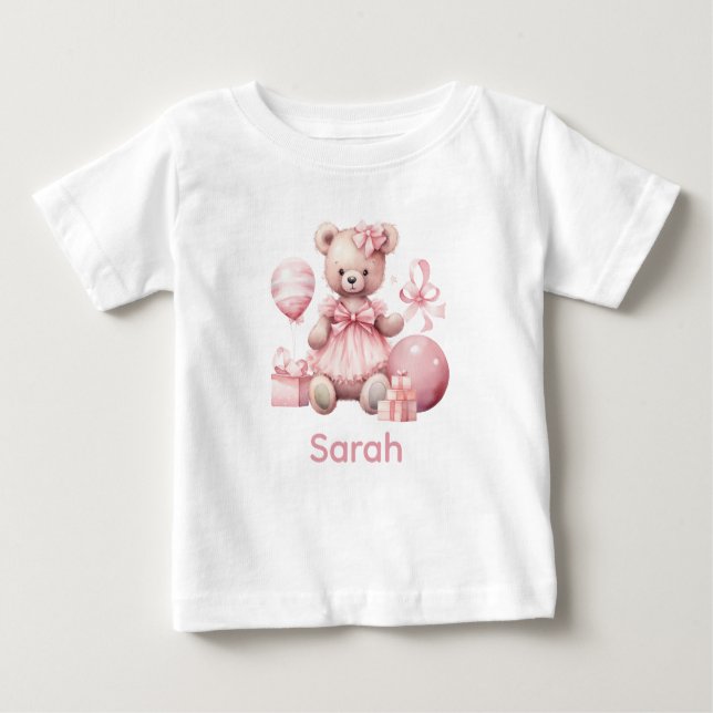 Custom Name Pink Teddy Bear Baby Shirt (Front)