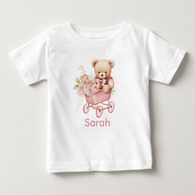 Custom Name Pink Teddy Bear Baby Shirt (Front)