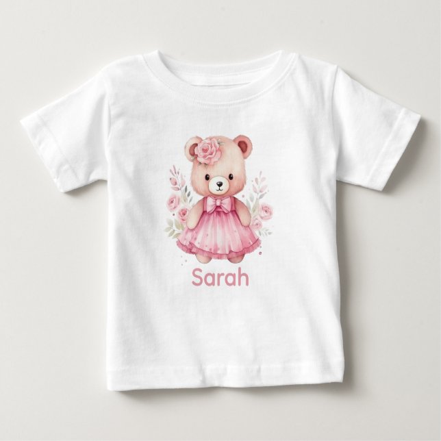 Custom Name Pink Teddy Bear Baby Shirt (Front)