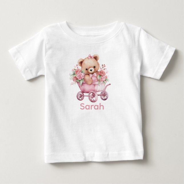 Custom Name Pink Teddy Bear Baby Shirt (Front)