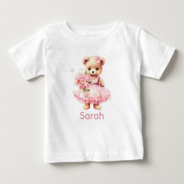 Custom Name Pink Teddy Bear Baby Shirt (Front)