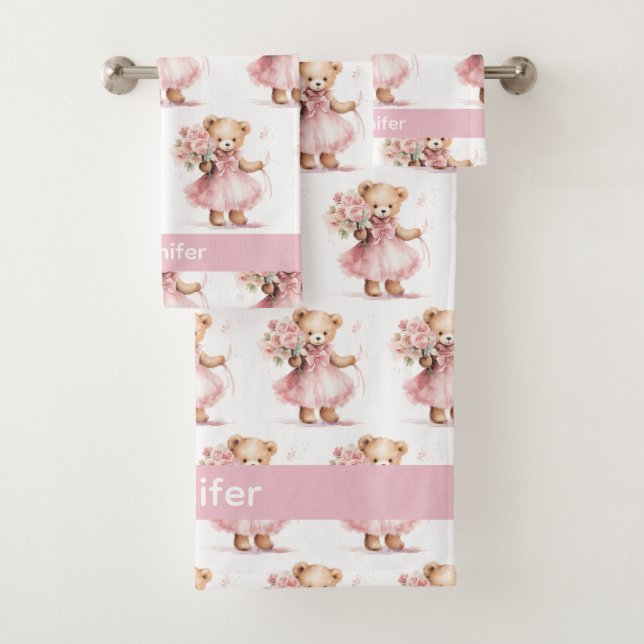 Custom Name Pink Teddy Bear Girl's Bath Towel Set (Insitu)