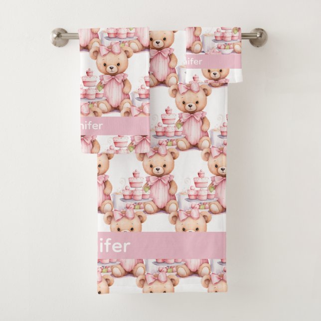 Custom Name Pink Teddy Bear Girl's Bath Towel Set (Insitu)