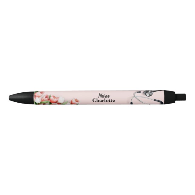 Custom Name Pink Tulip Floral Stethoscope Nurse  Pen (Front)