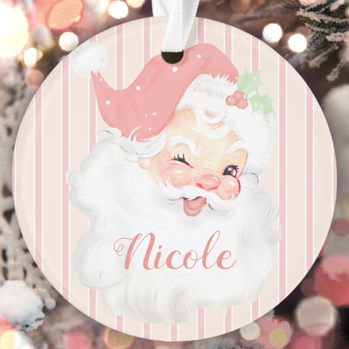 Custom Name Pink Vintage Santa Christmas Acrylic Ornament