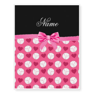 Custom name pink volleyballs hearts and bow temporary tattoos