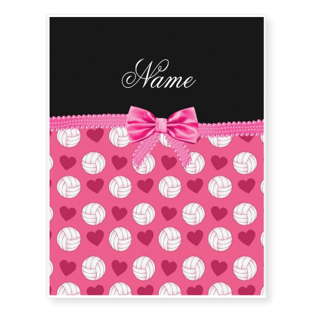 Custom name pink volleyballs hearts and bow temporary tattoos (Front)