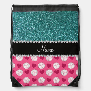 Custom name pink volleyballs turquoise glitter drawstring bag