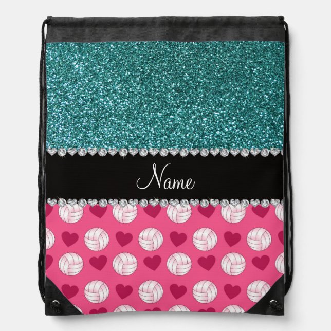 Custom name pink volleyballs turquoise glitter drawstring bag (Front)