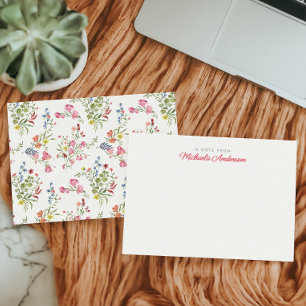 Custom Name Pink Watercolor Flowers & Greenery Note Card