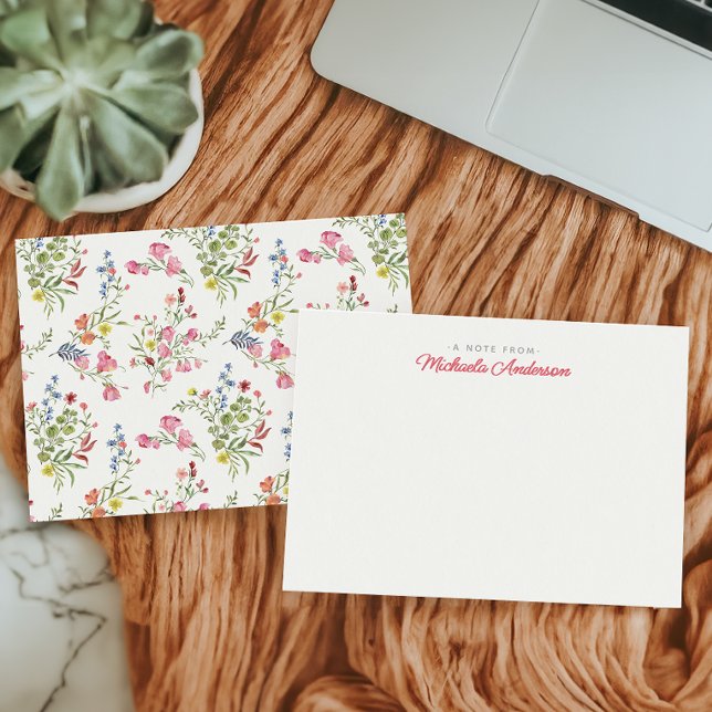 Custom Name Pink Watercolor Flowers & Greenery Note Card (Creator Uploaded)
