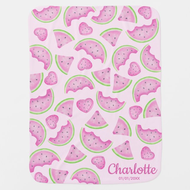 Custom Name Pink Watermelon Baby Girl Blanket (Front)